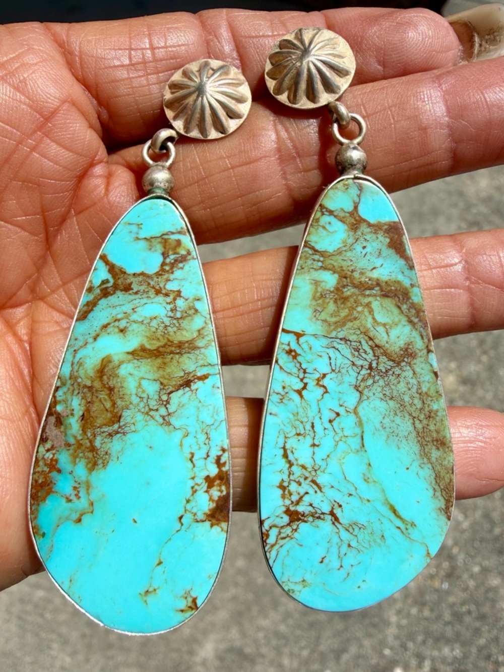 Genuine Turquoise Teardrop Dangle Slab Earrings - Sterling Setting